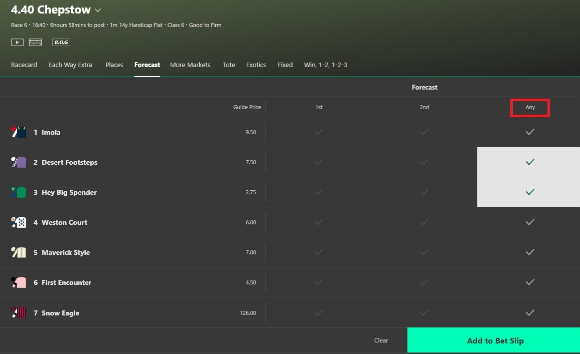 Bet365 reverse forecast betting screen with 2 horses (desert footsteps & hey big spender) selected in the any order column